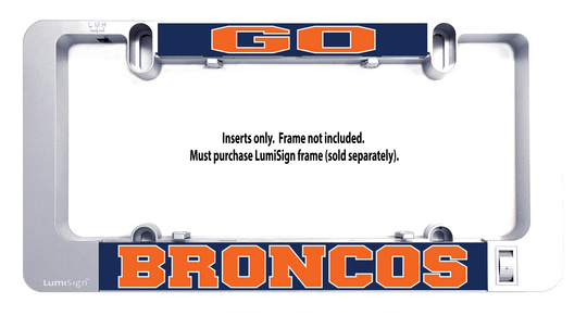 Go Broncos sign insert with orange GO and BRONCOS text, metal mounting clips