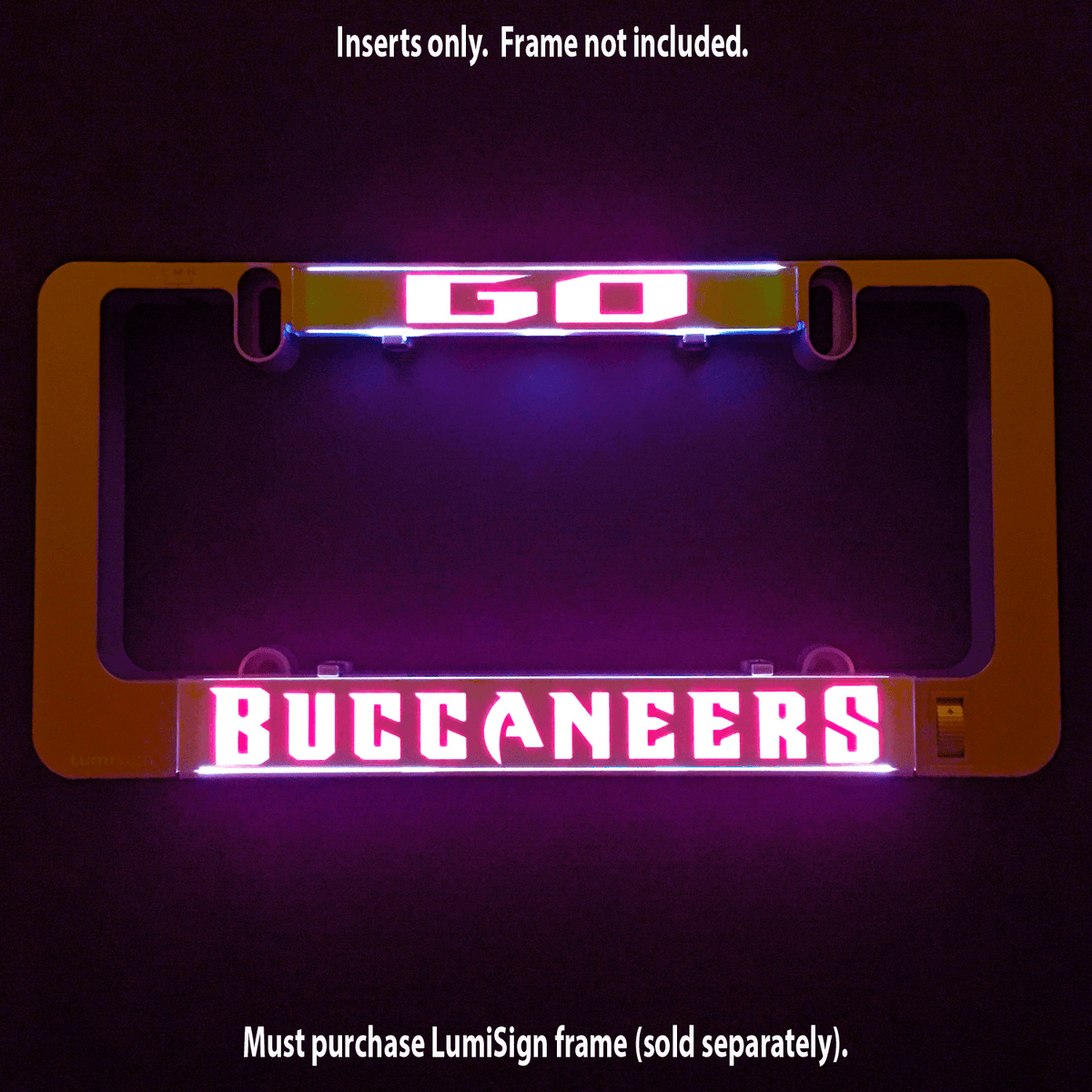 Buccaneers LumiSign insert with illuminated red BUCCANEERS logo on orange plate
