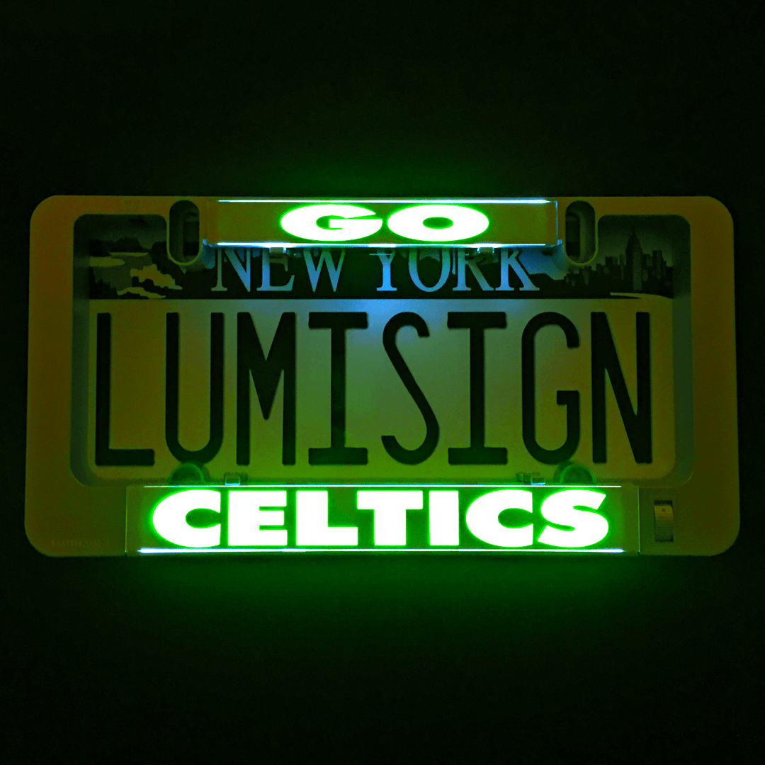 Green illuminated Celtics light-up insert with GO above and CELTICS below on dark backing