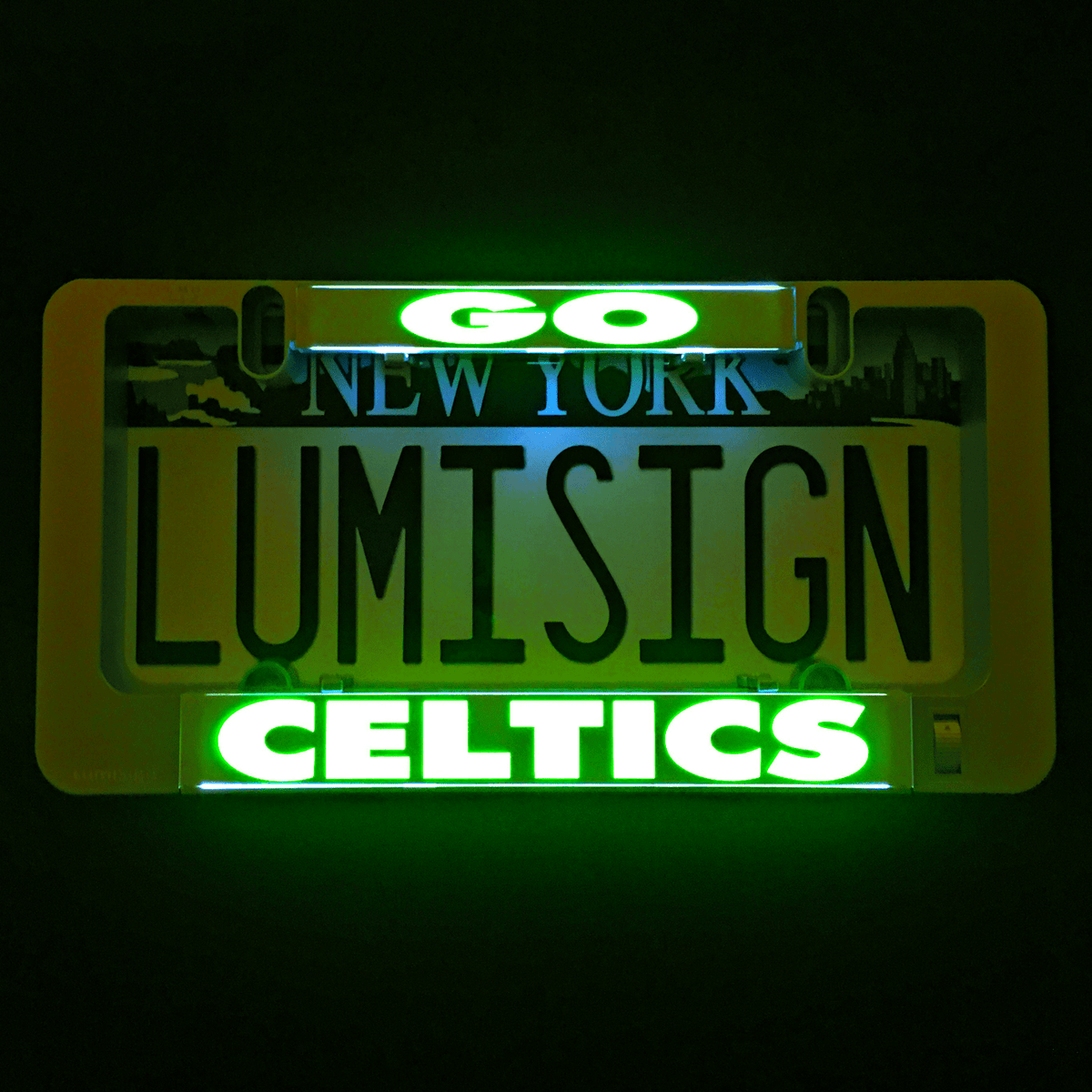 Green illuminated Celtics light-up insert with GO above and CELTICS below on dark backing