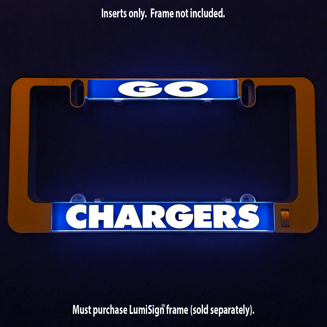 LumiSign GO CHARGERS insert with illuminated CHARGERS text in blue