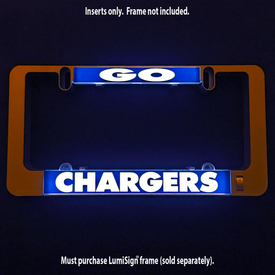 LumiSign GO CHARGERS insert with illuminated CHARGERS text in blue