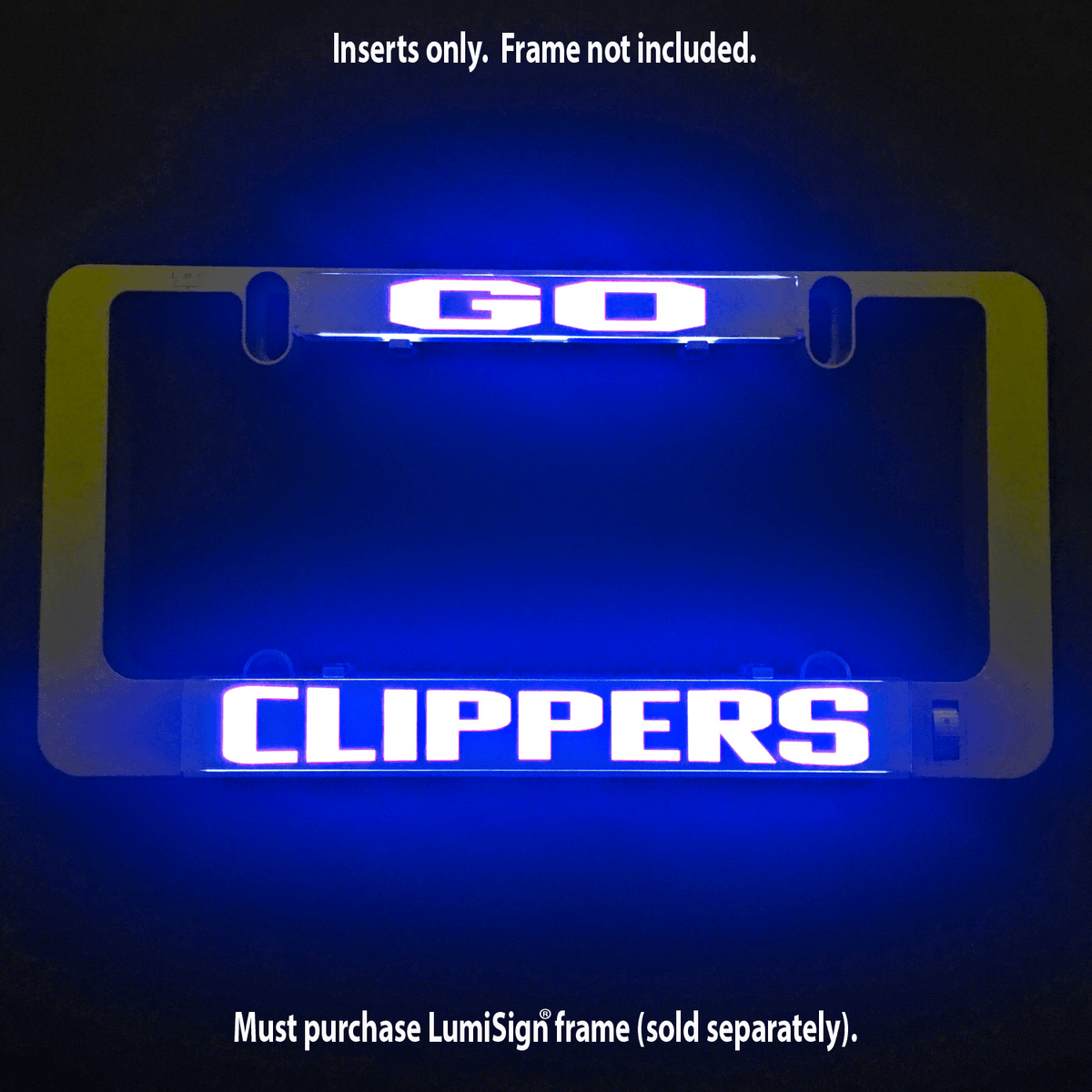 Blue-lit LumiSign CLIPPERS insert panel with a yellow frame and bright white lettering