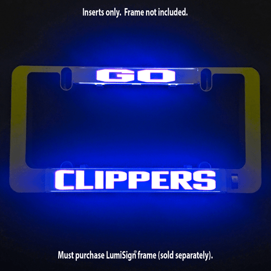 Blue-lit LumiSign CLIPPERS insert panel with a yellow frame and bright white lettering