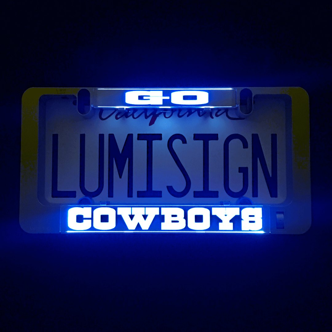 LUMISIGN frame with glowing GO COWBOYS light text insert