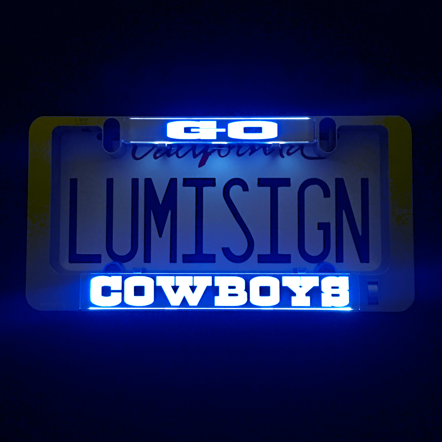 LUMISIGN frame with glowing GO COWBOYS light text insert