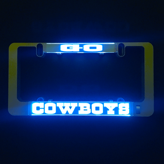 Blue-lit license plate insert reading &