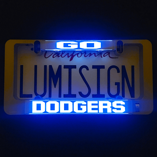 LED license plate frame with illuminated DOODGERS and LUMISIGN lettering