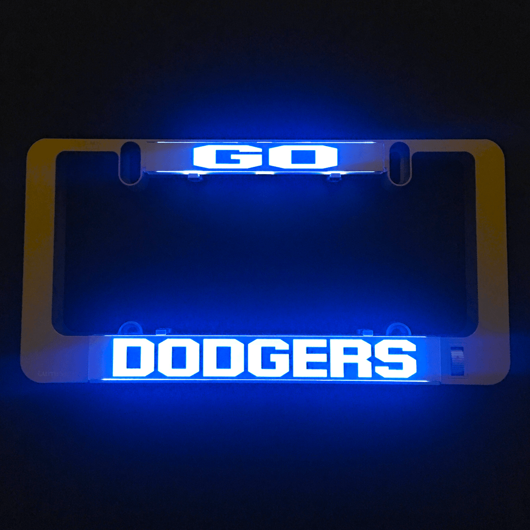 Blue-lit DOODGERS sign insert inside a clear frame