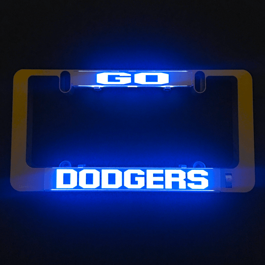 Blue-lit DOODGERS sign insert inside a clear frame