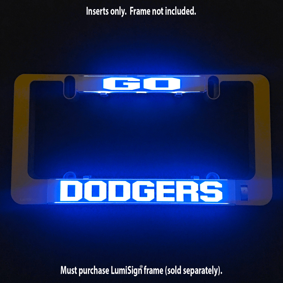 Illuminated GO DODGERS insert with blue glowing DODGERS lettering