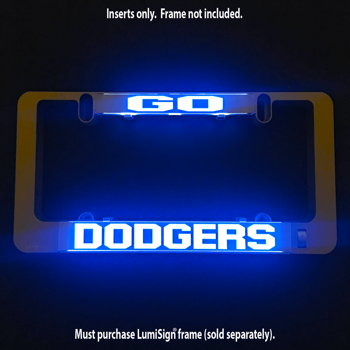 Illuminated GO DODGERS insert with blue glowing DODGERS lettering