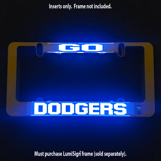 Illuminated GO DODGERS insert with blue glowing DODGERS lettering