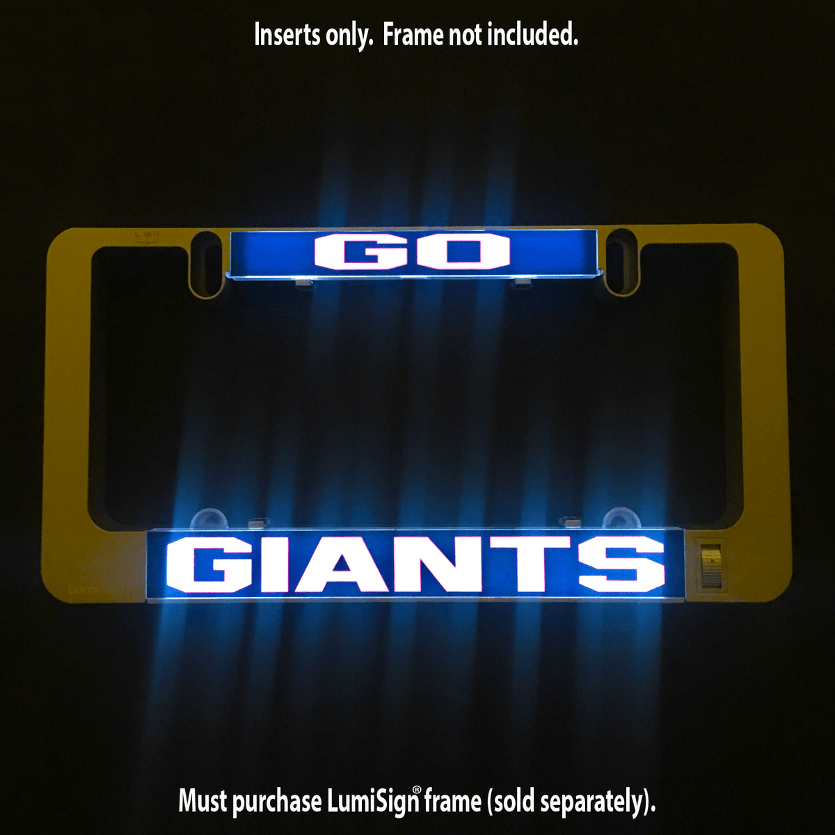 GO GIANTS LumiSign insert, glowing blue light panel with GO and GIANTS text