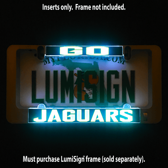 Illuminated Jaguars LumiSign insert with glowing teal and yellow logo on black