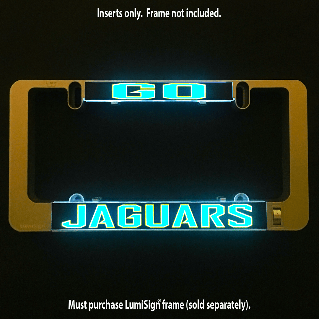 Glowing Jaguars LumiSign insert with teal and yellow logo on black