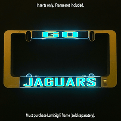 Glowing Jaguars LumiSign insert with teal and yellow logo on black