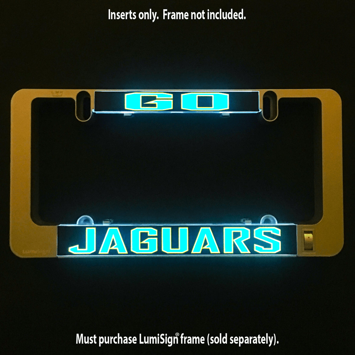 Glowing Jaguars LumiSign insert with teal and yellow logo on black