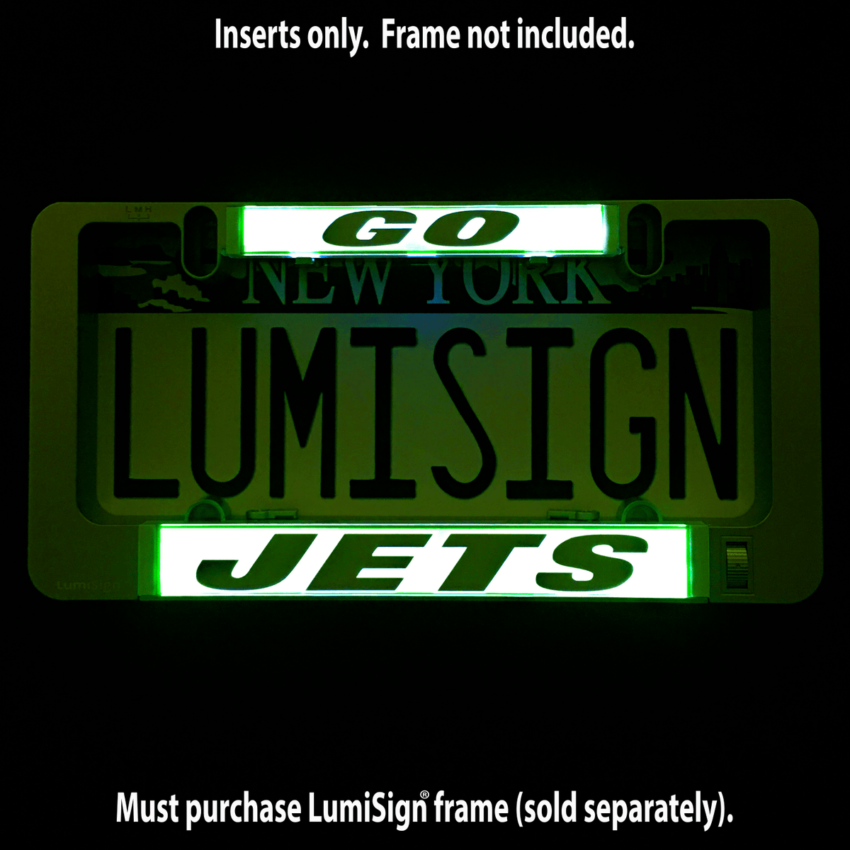 Glowing GO JETS LumiSign insert with GO and JETS in green light