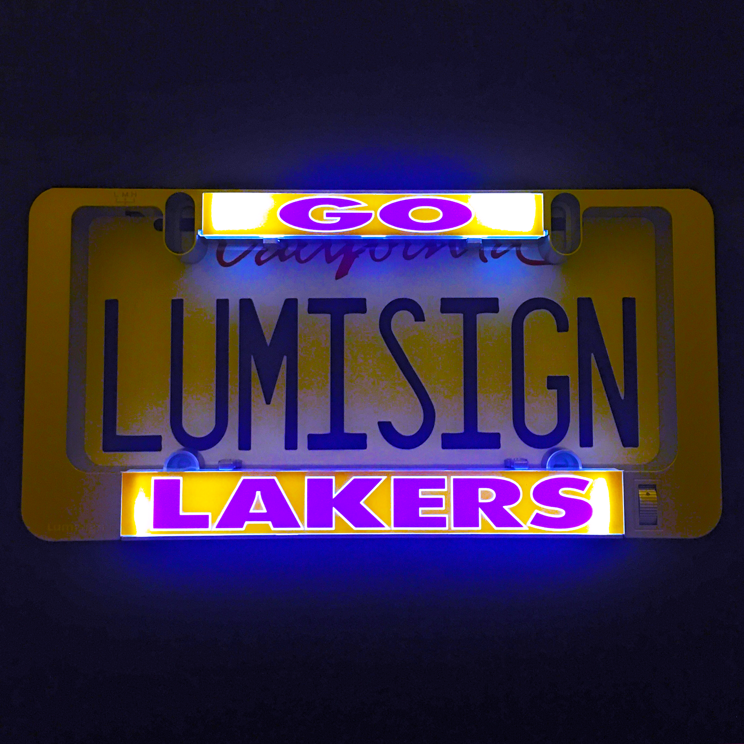LUMISIGN illuminated frame with purple and yellow GO LAKERS lettering