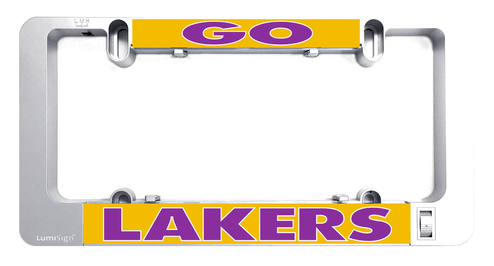 Grey license plate frame with LAKERS light-up insert and LUMISign mounting clips.
