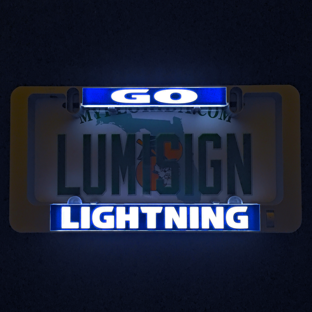 Grey LumiSign frame with blue GO and LIGHTNING illuminated license plate inserts