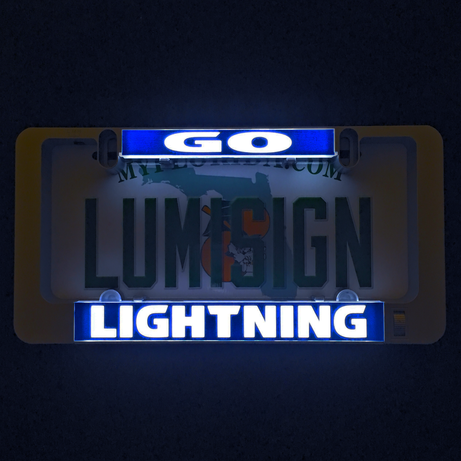 Grey LumiSign frame with blue GO and LIGHTNING illuminated license plate inserts