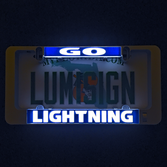 Grey LumiSign frame with blue GO and LIGHTNING illuminated license plate inserts