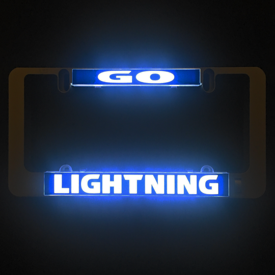 Grey LumiSign frame with blue GO and LIGHTNING illuminated inserts on dark background