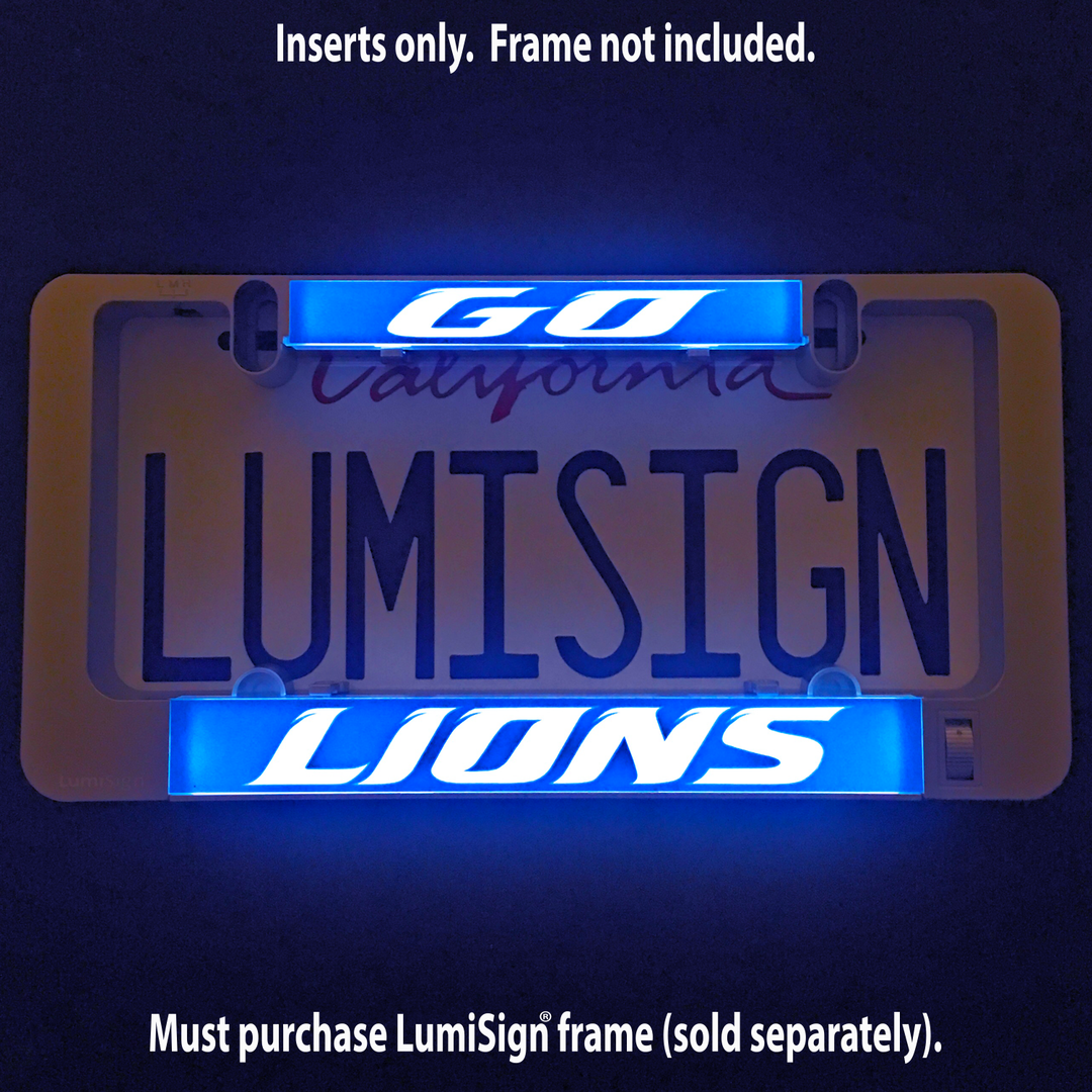 Illuminated blue LumiSign insert with white LIONS logo letters, frame sold separately