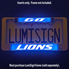 Illuminated blue LumiSign insert with white LIONS logo letters, frame sold separately
