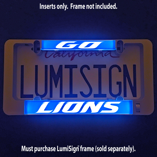 Illuminated blue LumiSign insert with white LIONS logo letters, frame sold separately