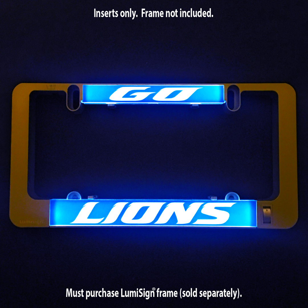 Illuminated GO LIONS LumiSign insert: blue bars with white LIONS logo text