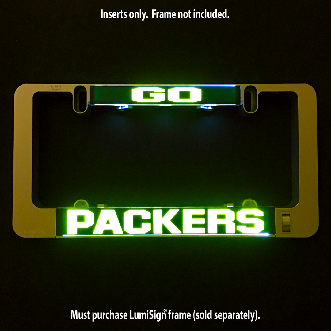 GO Packers LumiSign insert with glowing GO and PACKERS text on yellow backing