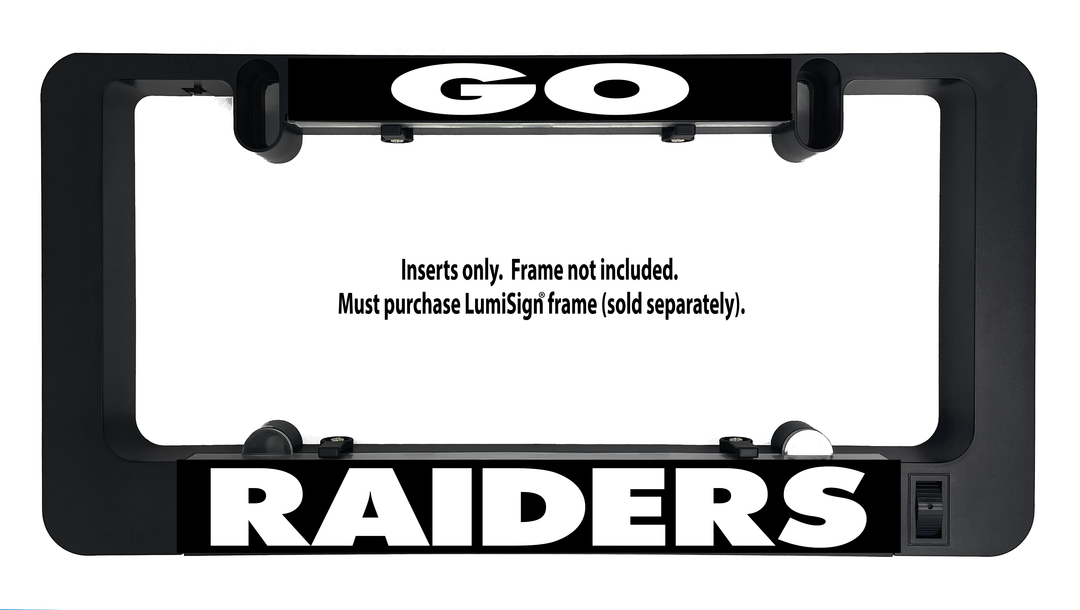 Raiders LumiSign insert with GO top logo and RAIDERS label in black frame