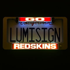 Illuminated LumiSign insert reading LUMISIGN with REDSKINS base panel