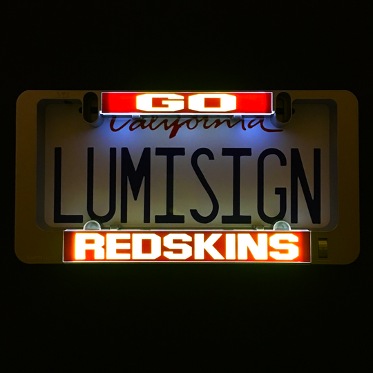 Illuminated LumiSign insert reading LUMISIGN with REDSKINS base panel