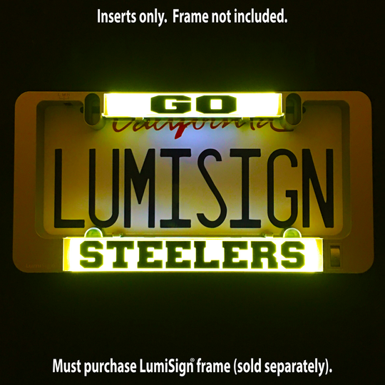 Glowing GO and STEELERS LumiSign insert panels with yellow lettering