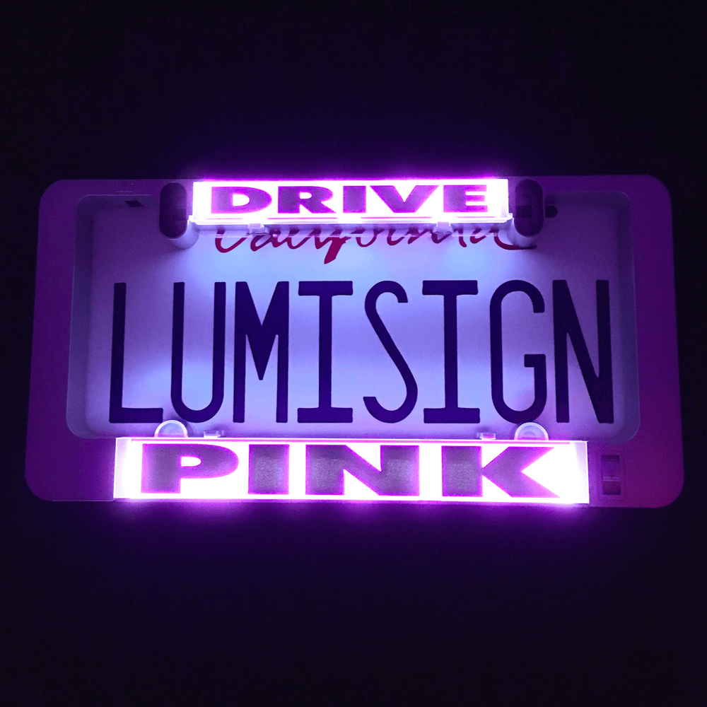 Pink DRIVE and PINK insert for LumiSign with glowing lettering