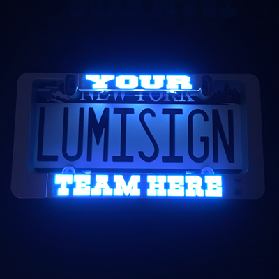 LumiSign illuminated license plate insert placeholder text in frame, blue glow