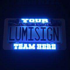 Illuminated LumiSign frame with glowing message, blue letters on grey housing