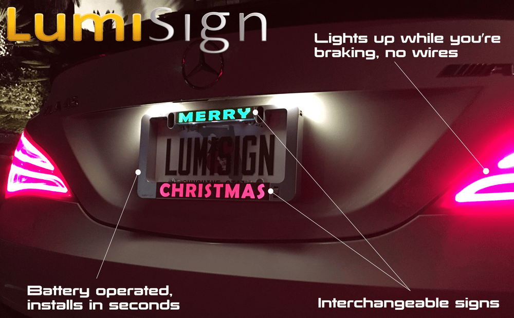Illuminated license plate insert with 'MERRY LUMISIGN CHRISTMAS' text