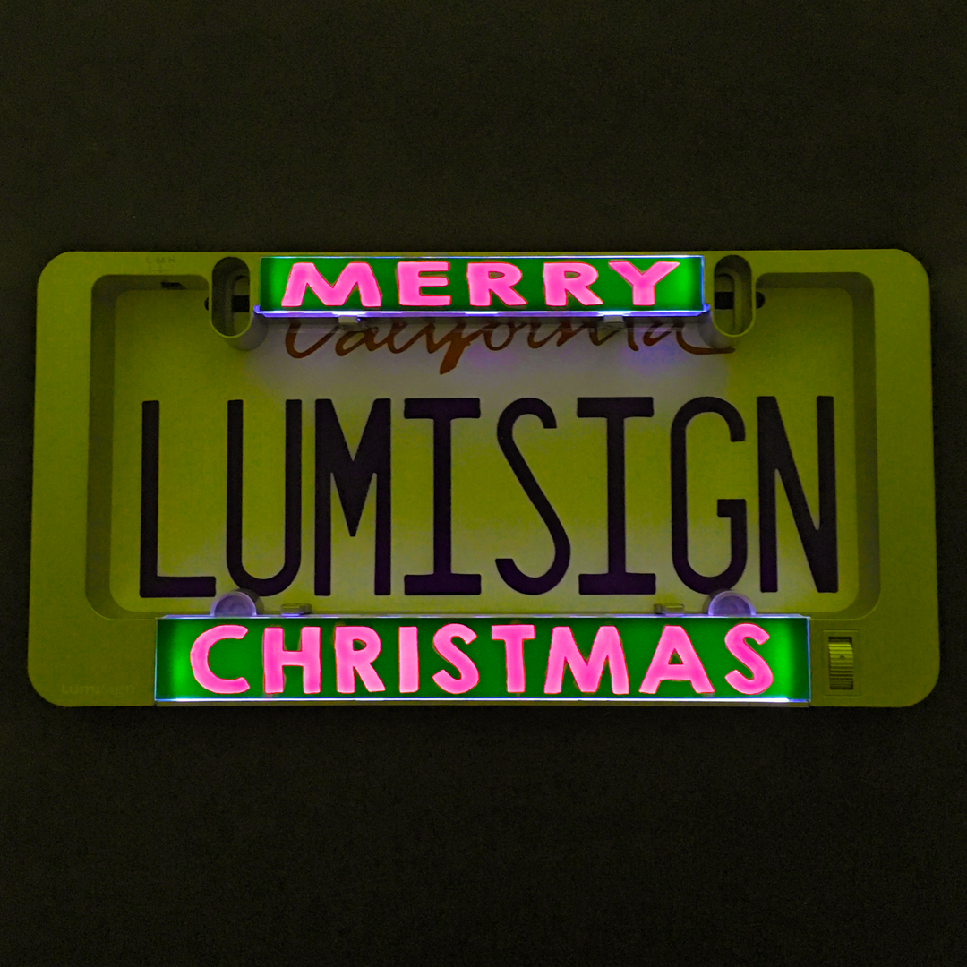 LumiSign Christmas light inserts glowing with “LUMISIGN” and “CHRISTMAS” text