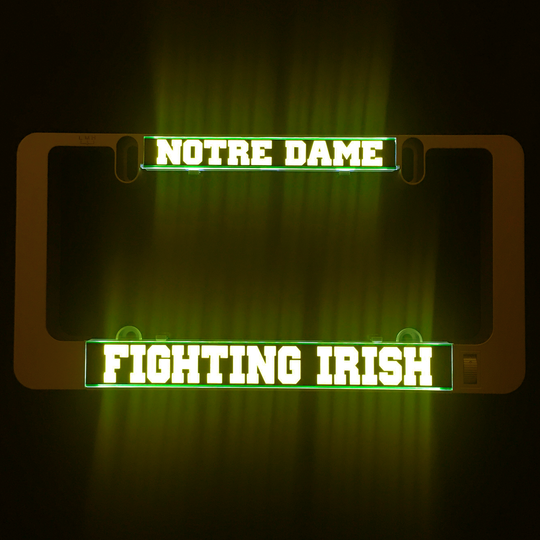 LumiSign insert glowing green with Notre Dame above Fighting Irish