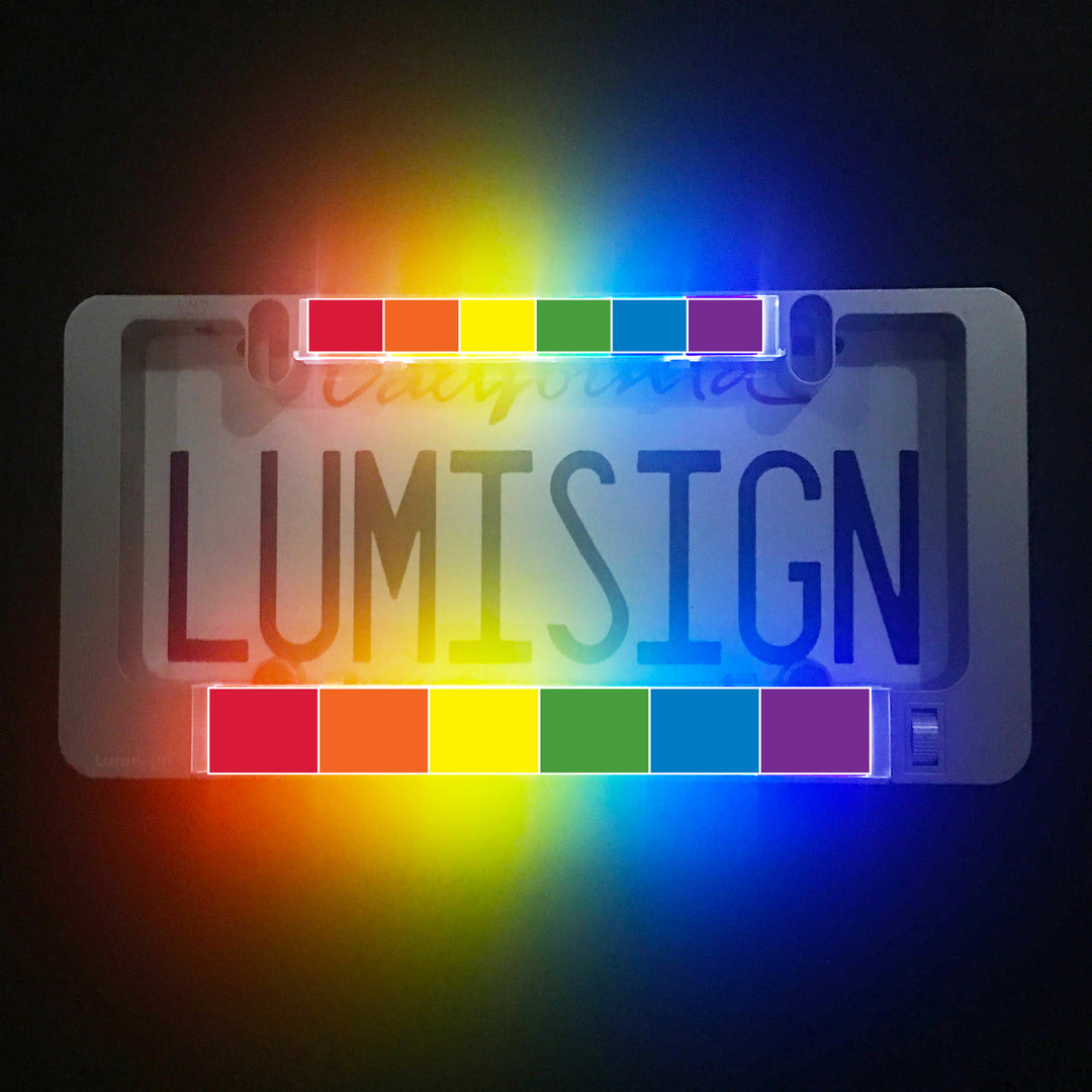 Glowing rainbow pride LED inserts with red, orange, yellow, green, blue, and purple color bars