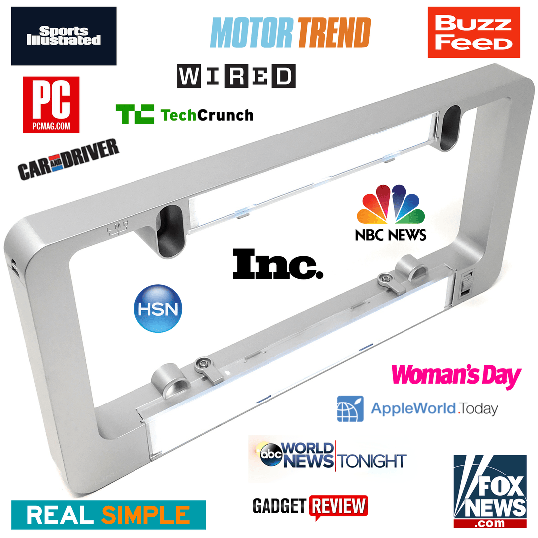 Silver-gray LUMISIGN frame with illuminated insert slot and mounting hardware