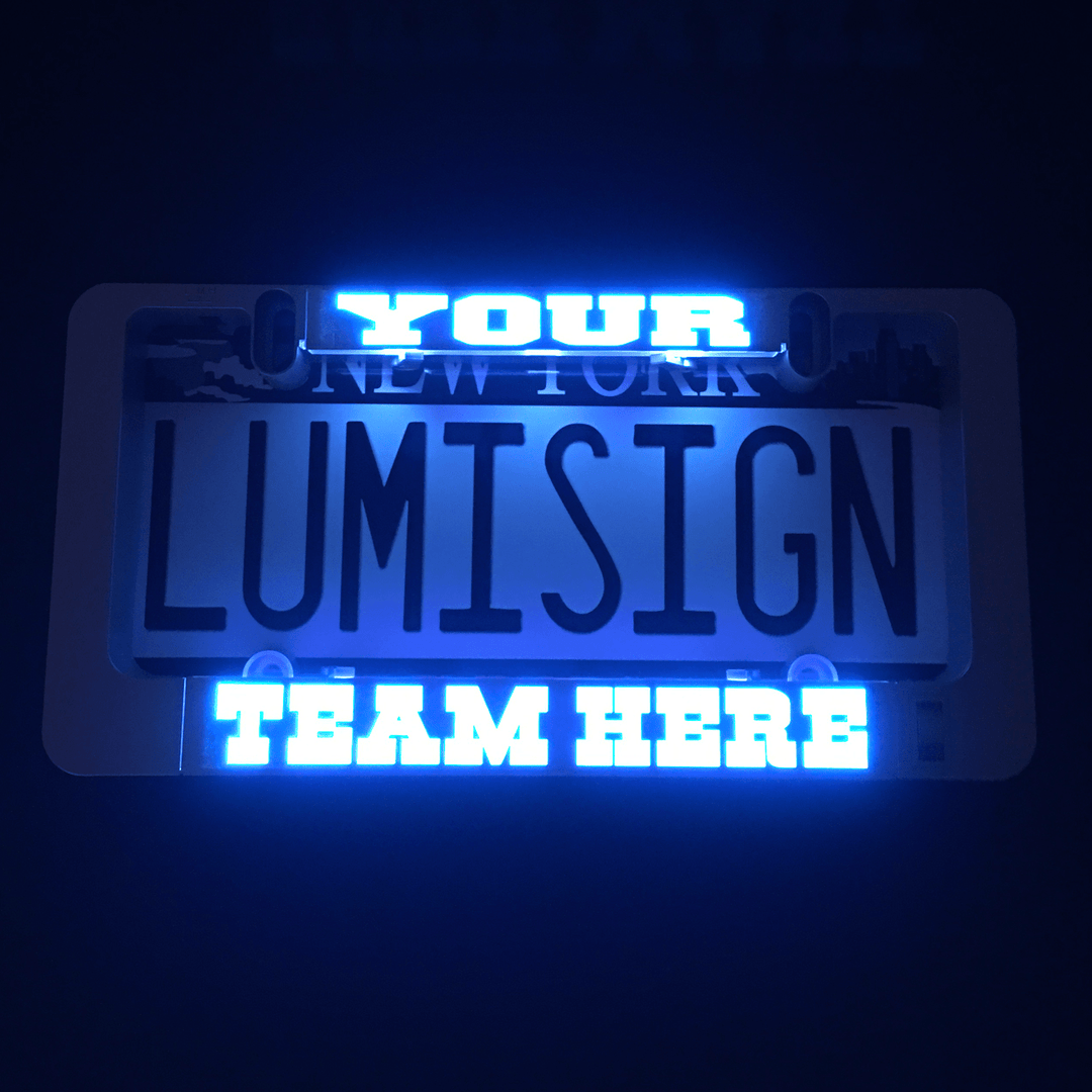 Blue-lit license plate insert reading &