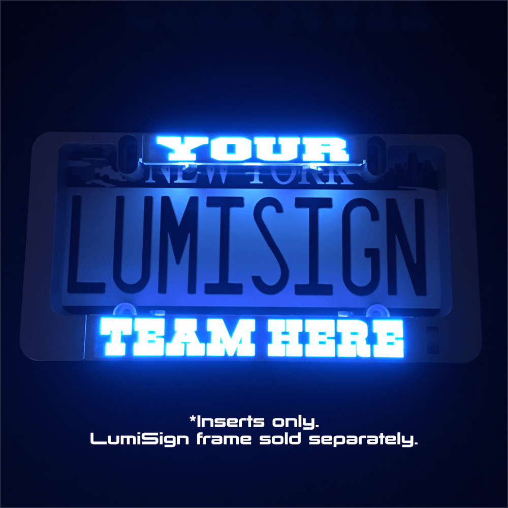 LumiSign insert panel with glowing 'YOUR TEAM HERE' text in white and blue