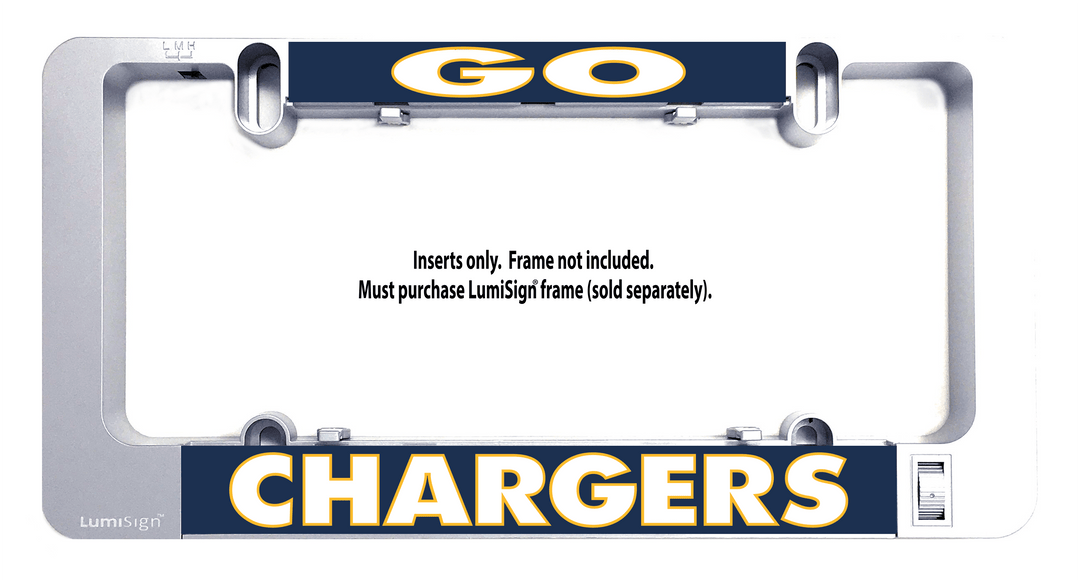LumiSign GO CHARGERS insert mounted in a transparent frame