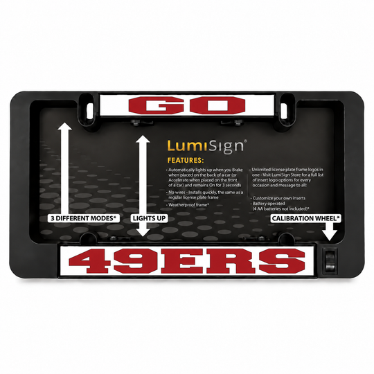 Car license plate frame with red 49ers LUMISIGN insert